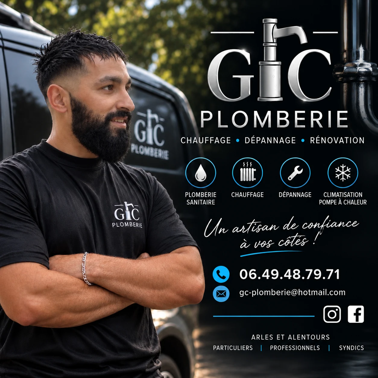 GC Plomberie – portrait de votre artisan plombier chauffagiste à Arles et logo de l’entreprise